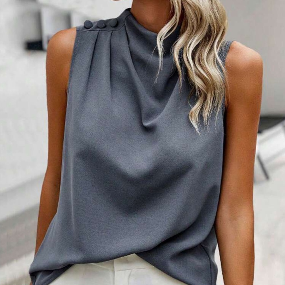 Sleeveless Mock Neck Drape Top - Gray